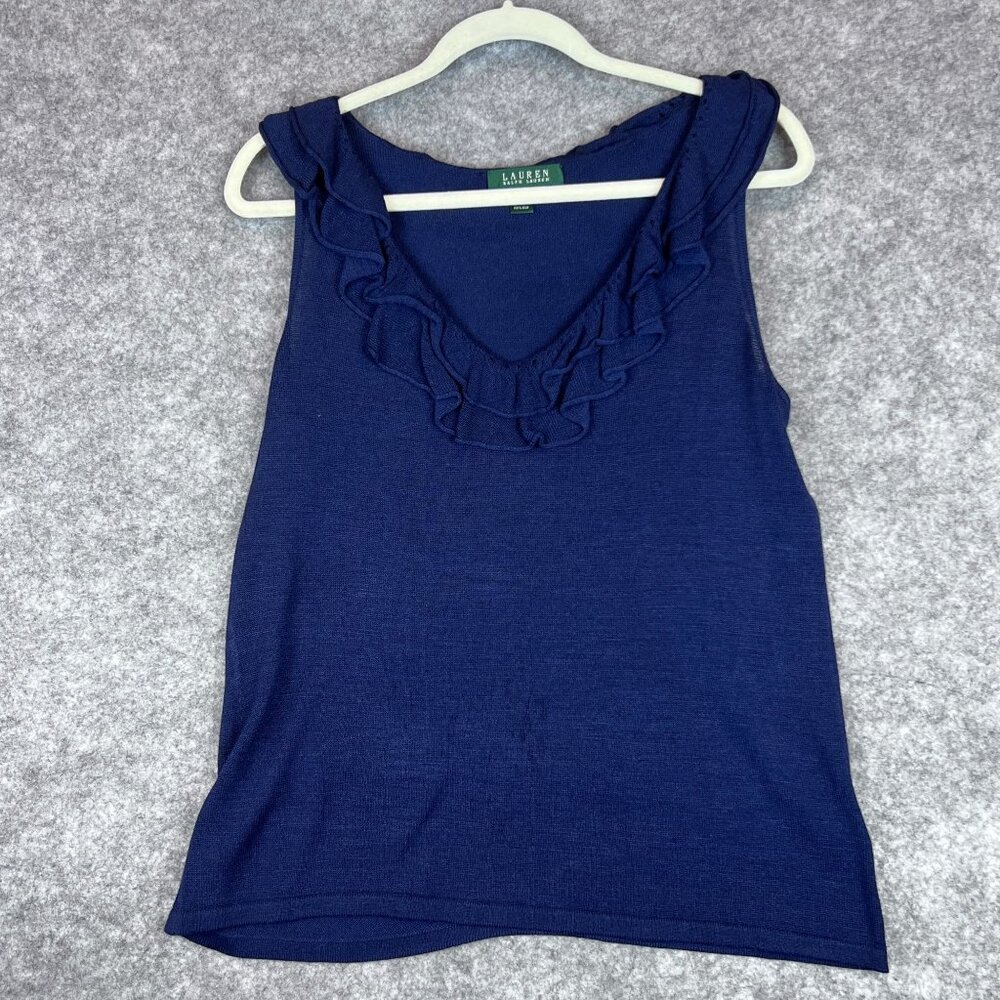 Ralph Lauren Womens Large Navy Ruffle V-Neck 100% Silk Preppy Classic Tank Top - Picture 9 of 11